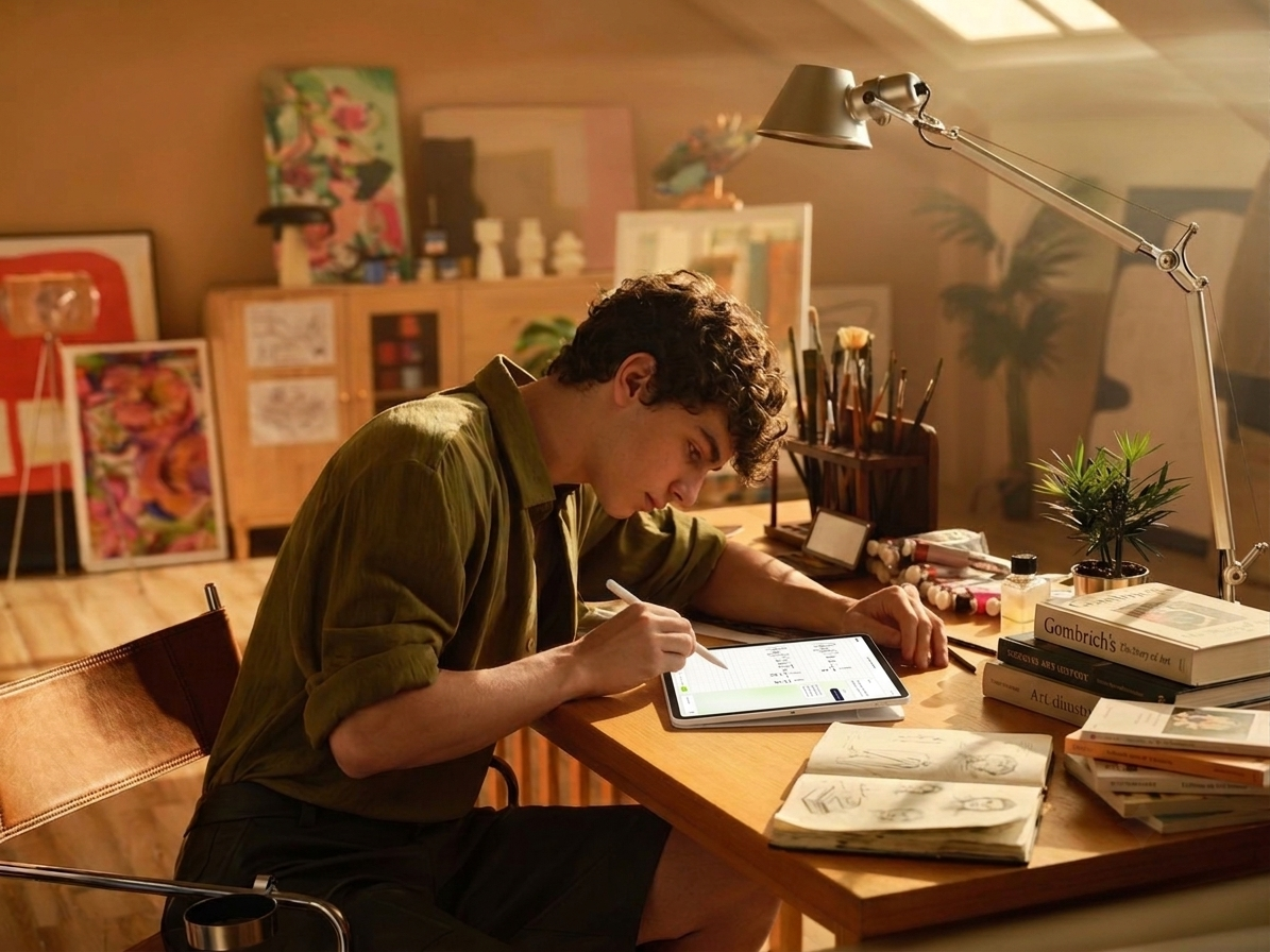 Estudante a estudar num tablet na secretária